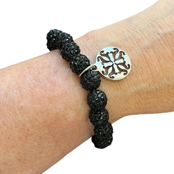Rustic Cuff Shambala Beaded Black and Silver Stretch Logo Bracelet - Picture 1 of 2